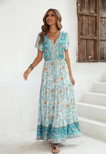 Vista 3 de R.Vivimos - Vestido de verano holgado para mujer, tela de algodón, estampado floral, manga corta