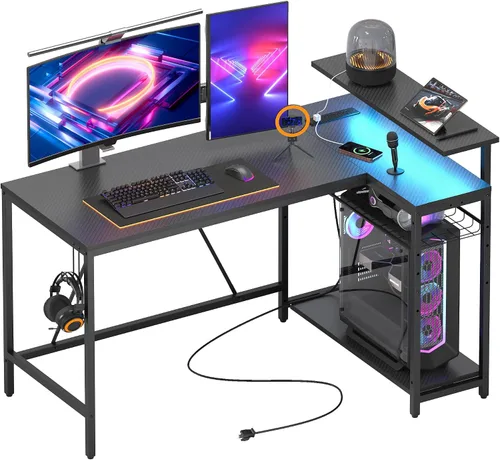 Vista 17 de Bestier - Escritorio de juegos con tomas de corriente, escritorio para computadora de 42 pulgadas en forma de L con luces LED, escritorio