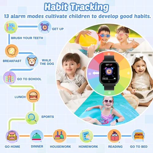 Vista 6 de Reloj inteligente impermeable para niños con 32 juegos, cámara dual, video, seguimiento de hábitos, reproductor de música, podómetro, protectores