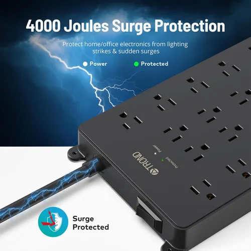 Vista 3 de TROND Regleta protectora de sobretensiones, cable de extensión de enchufe plano de 5 pies con múltiples tomas, 22 CA ampliamente espaciados