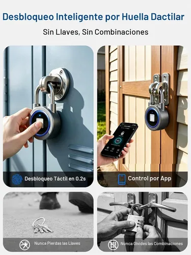 Vista 2 de Candado de huellas dactilares, bloqueo Bluetooth, aplicación móvil, candado inteligente con biometría sin llave, resistente al agua, adecuado
