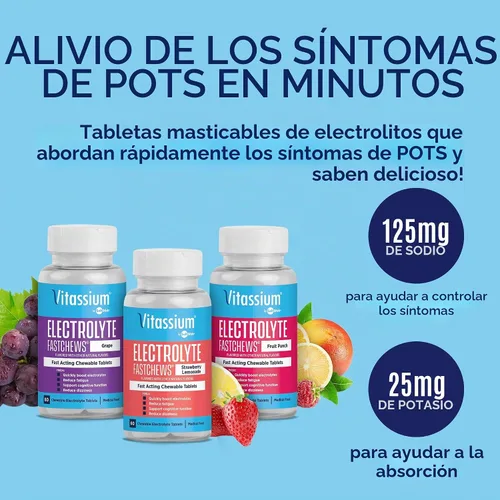 Vista 3 de Vitassium FastChews con electrolitos para reabastecimiento de sodio y potasio, botella de 60 comprimidos FastChews, Fruit Punch