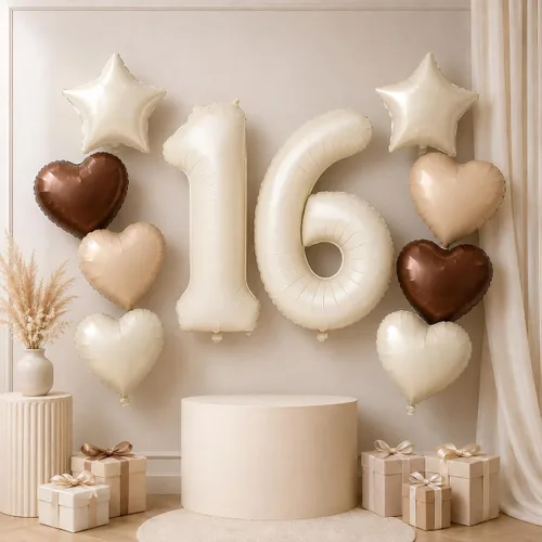 Vista 26 de Decoración de Globos Número 10 de 40 Pulgadas, Globos de Corazón Neutro de Papel de Aluminio Crema Retro Albaricoque Marrón con Globo de Helio