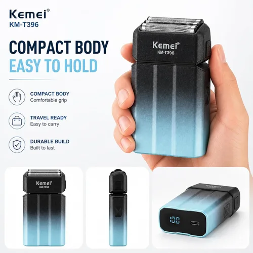 Vista 8 de Kemei KM-T396 - Afeitadora eléctrica para hombres con 3 cuchillas flotantes, afeitadora eléctrica inalámbrica recargable de 7500 RPM para hombre