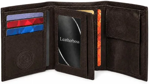 Vista 12 de Leatherboss - Cartera de piel para niños, delgada, compacta, con solapa y bolsillo para monedas, para hombres y mujeres, color negro