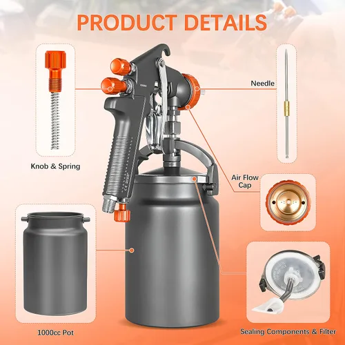 Vista 7 de REFINE Pistola pulverizadora, pistola de pulverización de aire con sifón, boquilla de 0.071 in, taza de aluminio de 1000 cc, proceso especial, fácil