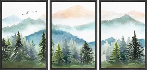 Vista 24 de MUDECOR Lienzo enmarcado para pared, juego de arte de acuarela pastel, bosque de pinos, naturaleza silvestre, ilustraciones modernas, decorativas