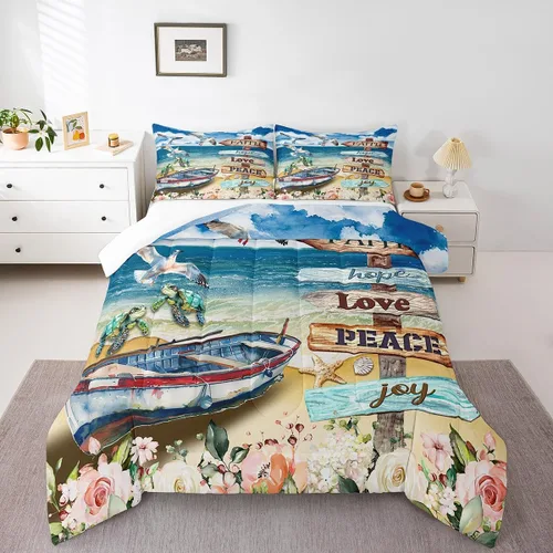 Vista 13 de Castle Fairy Juego de edredón de verano para niños, tamaño individual, diseño náutico reversible con diseño náutico de estrellas de mar, barco y Azul