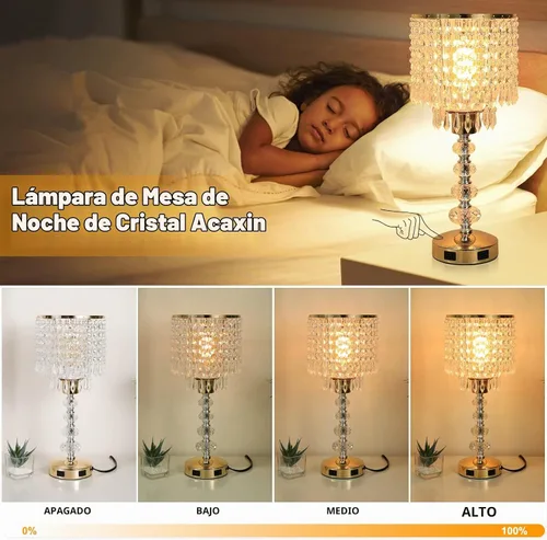 Vista 2 de Lámpara de mesa de cristal con control táctil, regulable de 3 vías, lámpara pequeña para mesita de noche con 2 puertos de carga USB, lámpara de mesa