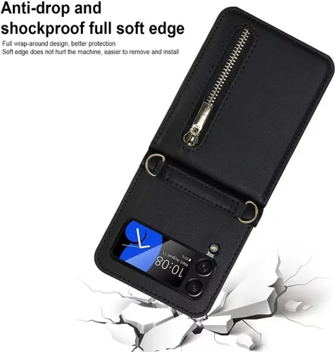 Vista 7 de Funda de lujo con cremallera para Samsung Galaxy Z Flip 3, con función atril, tarjetero ajustable, correa cruzada ajustable, funda con tapa a