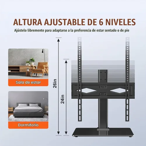 Vista 3 de VEVOR Soporte universal para TV de 32 a 55 pulgadas, soporte giratorio de altura ajustable con base de vidrio templado para dormitorio, sala de estar