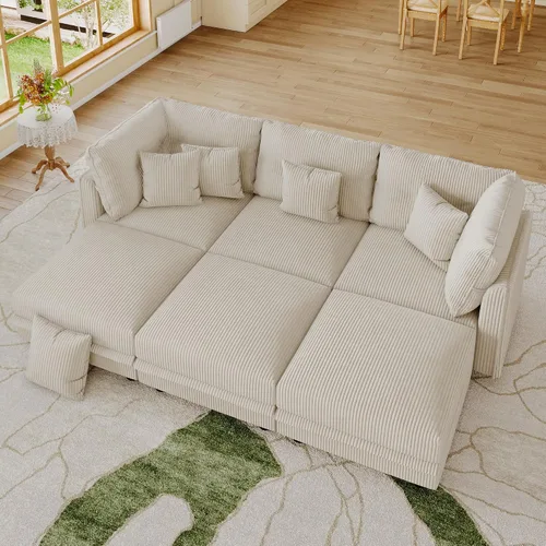Vista 4 de LLappuil Sofá cama modular con diván de almacenamiento, sofá cama modular de pana para sala de estar, apartamento, beige