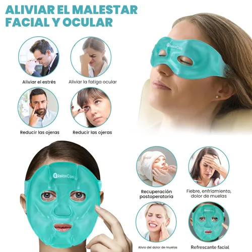Vista 3 de RelaxCoo Máscara de hielo para cara y ojos para ojeras e hinchazón, compresa fría y caliente, paquete de mascarilla facial de gel frío refrescante