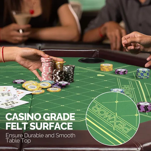 Vista 4 de PEXMOR Mesa de póquer plegable, mesa de blackjack Texas Holdem plegable octogonal para 8 jugadores con fieltro de grado casino, riel acolchado