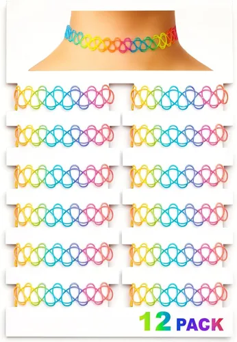 Vista 40 de BodyJ4You Juego de 12 gargantillas elásticas estilo tatuaje, accesorios y joyería de los años 90 y 2000, rosado, azul, verde, colorido, arcoíris