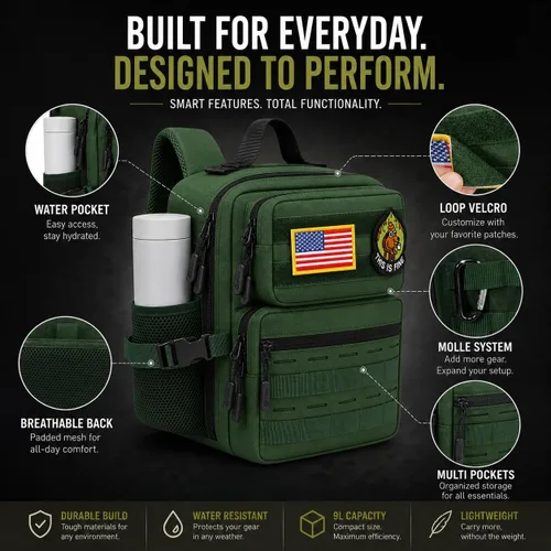 Vista 4 de Mini mochila táctica de 9L para hombres y mujeres, mochila táctica militar pequeña para deportes, gimnasio, senderismo, viajes, camping, Verde Verde