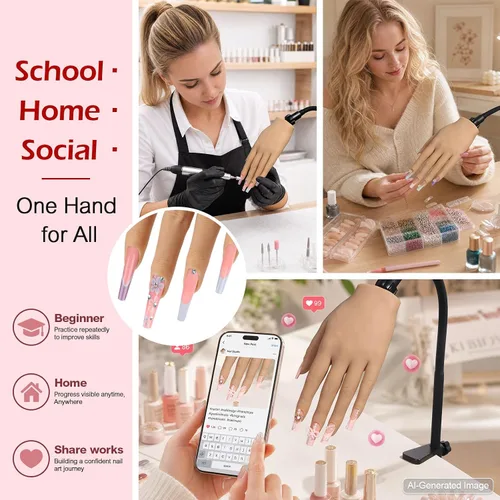 Vista 4 de LIONVISON Mano de práctica para uñas acrílicas: mano de maniquí falsa realista Fake Training Hand with Adjustable Clamp & 240 Coffin Tips - False