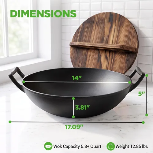 Vista 7 de NutriChef Wok de hierro fundido de 14 pulgadas con tapa de madera, Kadai pre-sazonado para freír con asas de bucle, compatible con múltiples estufas
