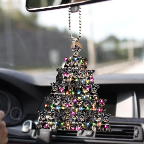 Vista 6 de Talataca Adorno Navideño Plano 2D de Schnauzer Miniatura, Adorno de Árbol de Navidad en Forma de Pino con Luz de Cadena, Adorno de Árbol de Pino