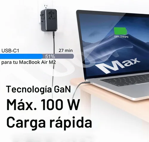 Vista 3 de JMFONE Adaptador de viaje universal con GaN 100W, adaptador de enchufe de corriente internacional de 5 puertos [4*USB C+1*USB A] y múltiples tomas