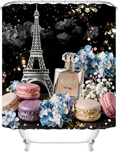 Vista 4 de Chrainy Juego de 4 cortinas de ducha de la torre Eiffel de París, botella de perfume, flores, negro, decoración de baño con 12 ganchos Waterproof