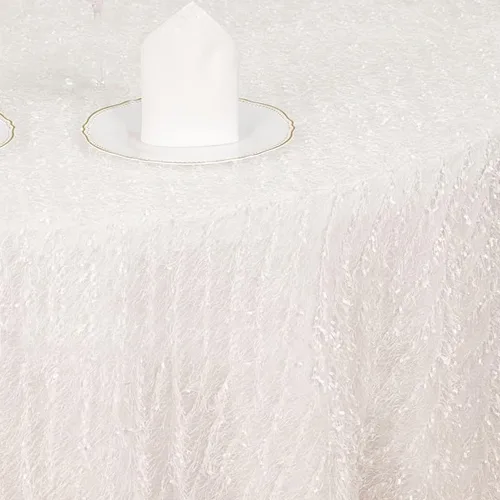 Vista 5 de Balsa Circle Mantel redondo de poliéster de 120 pulgadas, color blanco, con flecos, para bodas, fiestas, eventos, recepción, catering, suministros