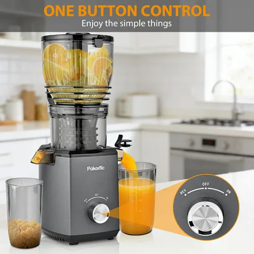 Vista 7 de Pukomc Exprimidor de prensa en frío, canal de alimentación de 5.8 pulgadas de ancho para frutas y verduras enteras - 1.8L Capacidad 300W Exprimidor