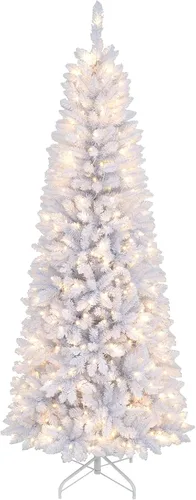 Vista 11 de GOFLAME Árbol de Navidad Artificial Preiluminado de 6 Pies, Árbol de Navidad Delgado con Cobertura de Nieve y Forma de Lápiz con Luces LED