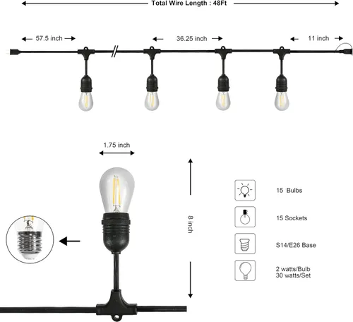 Vista 6 de JONATHAN Y JYL8702A - Tira de luces LED industriales rústicas de 48 pies, color negro, 15 luces, para interiores y exteriores, resistentes a