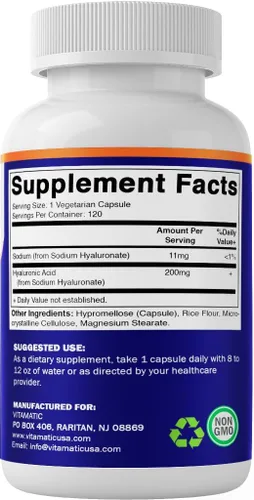 Vista 8 de Vitamatic Paquete de 2 suplementos de ácido hialurónico de 200 mg – Apoya el tejido conectivo saludable y las articulaciones – Promueve una piel