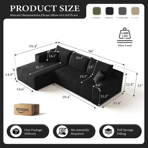 Vista 2 de AUGOP Sofá modular moderno de 96 pulgadas para sala de estar, sofá modular con sofás en forma de L, sofá tapizado sin hueso, sofá seccional con Negro