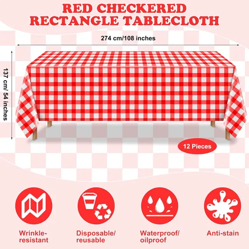 Vista 2 de Mantel rectangular desechable de plástico a cuadros, 12 piezas, 54 x 108 pulgadas, 8 pies, impermeable, para picnic, barbacoa, vacaciones, fiesta