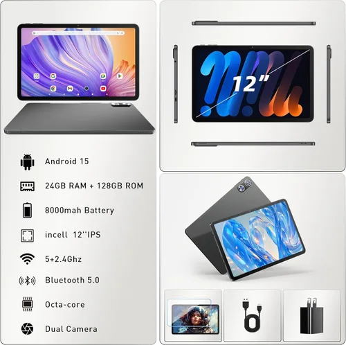 Vista 15 de Tablet Android 16 de 12 pulgadas, 24 GB de RAM 128 GB ROM (expandible 1 TB), pantalla Full HD de 2000 × 1200 IPS, batería larga de 8000 mAh, 12+