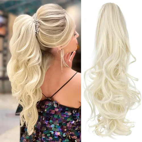 Vista 14 de Extensión de cola de caballo con clip, de 18 pulgadas, 20 pulgadas, rizada, ondulada, recta, cola de caballo larga con clip, para mujer, rubio ceniza