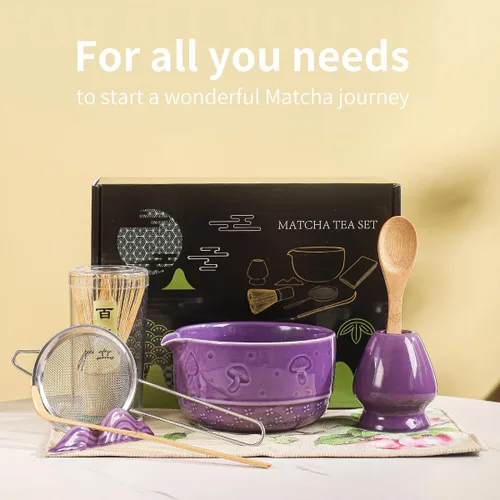 Vista 7 de Juego de Matcha, Kit de 8 Piezas de Tazón y Batidor de Cerámica con Patrón de Setas, Chawan Japonés Tradicional, Chasen de Bambú, Cuchara y Tamiz