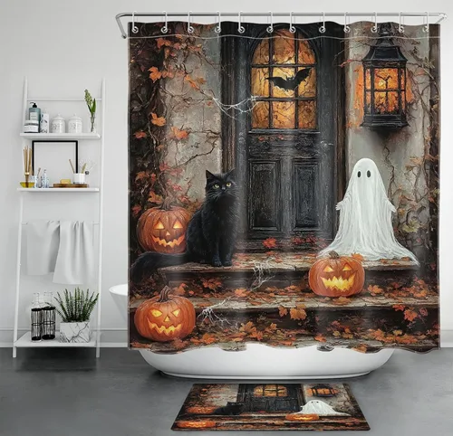 Vista 28 de HVEST Cortina de ducha con ganchos, calabaza espeluznante y fantasma con sombrero de bruja negro, juego de cortina de ducha naranja con flores