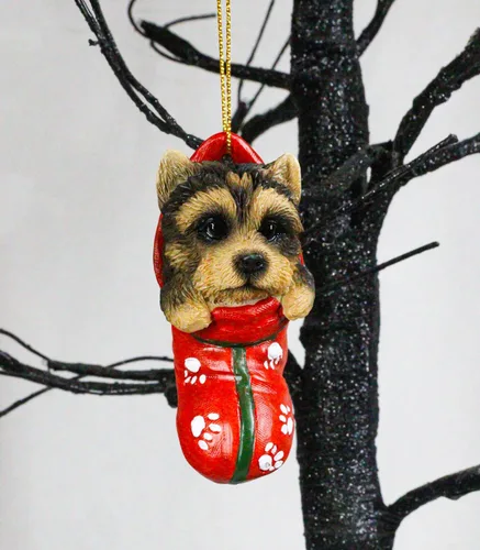 Vista 6 de Ebros Gift Figura decorativa colgante de Yorkie Yorkshire Terrier con ojos de cristal, adorable animal para mascotas, decoración festiva