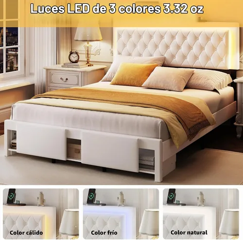 Vista 6 de Base de cama Queen con cabecera capitoné con botones, base de cama tapizada tamaño Queen con luces LED, estación de carga, almacenamiento