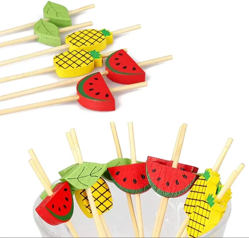 Vista 3 de Minisland Palillos de cóctel de hojas de piña de sandía mixtos, palillos de bambú de 4.7 pulgadas de largo para aperitivos, comida hawaiana