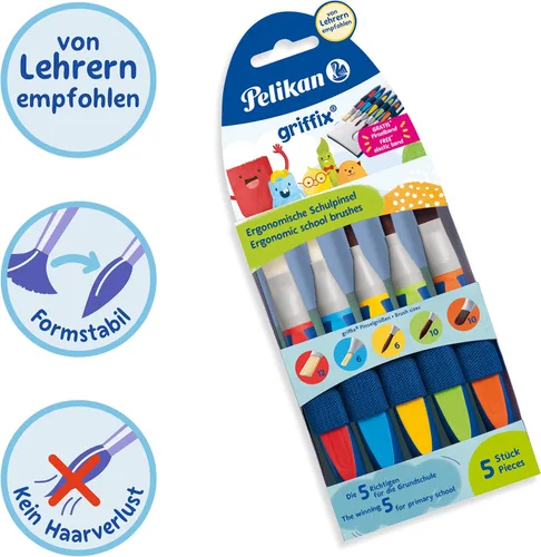 Vista 4 de Pelikan Griffix - Juego de pinceles de pintura para niños, 5 piezas ergonómicas con asas triangulares y cerdas sintéticas, suministros de arte