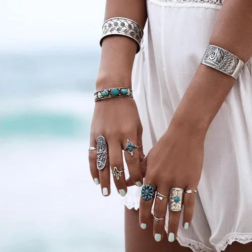 Vista 6 de Caiyao Juego de anillos retro turquesa para mujer, anillos vintage occidentales, joyería bohemia, verano, playa, anillos para adolescentes, niñas