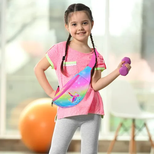 Vista 8 de Riñonera de moda para niños y niñas, con cinturón ajustable, cangurera cruzada con 2 bolsas, bolsa de cinturón para niños para viajes, correr