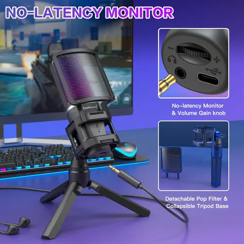 Vista 3 de ZealSound Micrófono USB para juegos para PC, micrófono de computadora de condensador RGB con soporte para trípode, silencio rápido, control