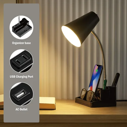 Vista 6 de HonoDing Lámpara de escritorio E26 con 1 puerto de carga USB y 1 toma de corriente AC, base organizadora, cuello ajustable, interruptor