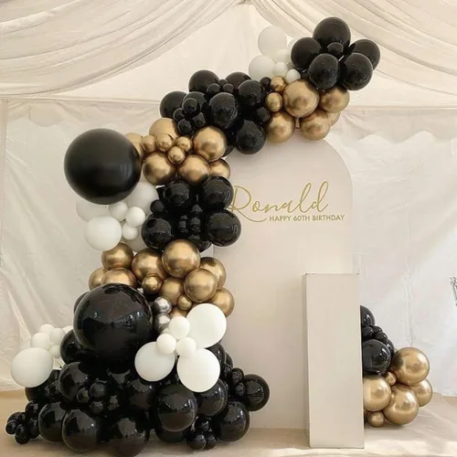 Vista 4 de Kit de guirnalda de arco de globos negros y dorados con estrella, 22, 18, 12, 10, 5 pulgadas, globos de látex negros metálicos dorados y blancos