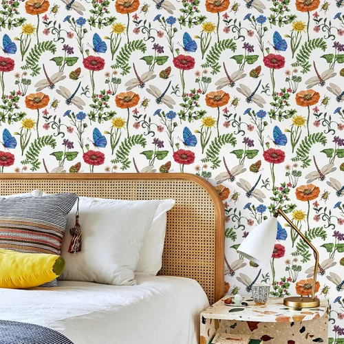Vista 7 de VaryPaper Papel tapiz floral brillante de 17.7 x 78.7 pulgadas, para pegar y despegar, papel tapiz bohemio de hojas de musgo, libélula, mariposa