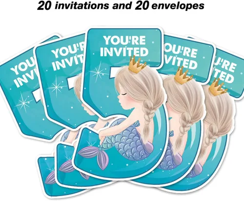 Vista 3 de Lindas invitaciones de sirena con sobres, juego de 20 invitaciones mágicas de sirena de cinco formas, invitaciones para fiesta de quinto cumpleaños