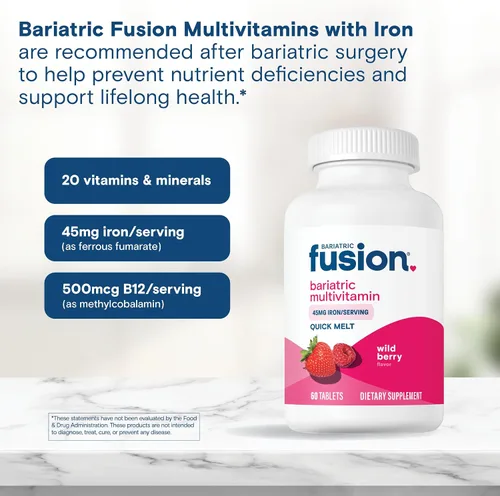 Vista 5 de Bariatric Fusion Multivitamínico bariátrico con hierro Quick Melt Vitaminas sin azúcar para manga gástrica y bypass gástrico Sabor a bayas