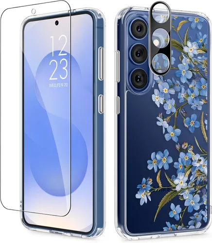 Vista 62 de GVIEWIN Funda protectora para Samsung Galaxy S25, transparente floral, delgada, a prueba de golpes, para mujer, no se pone amarilla, con protector