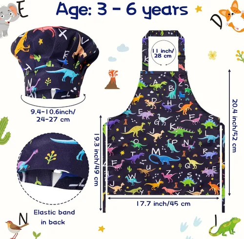 Vista 2 de Juego de 4 delantales y sombrero de chef para niños, regalo para niñas y niños, con palabras del alfabeto de animales, delantales ajustables